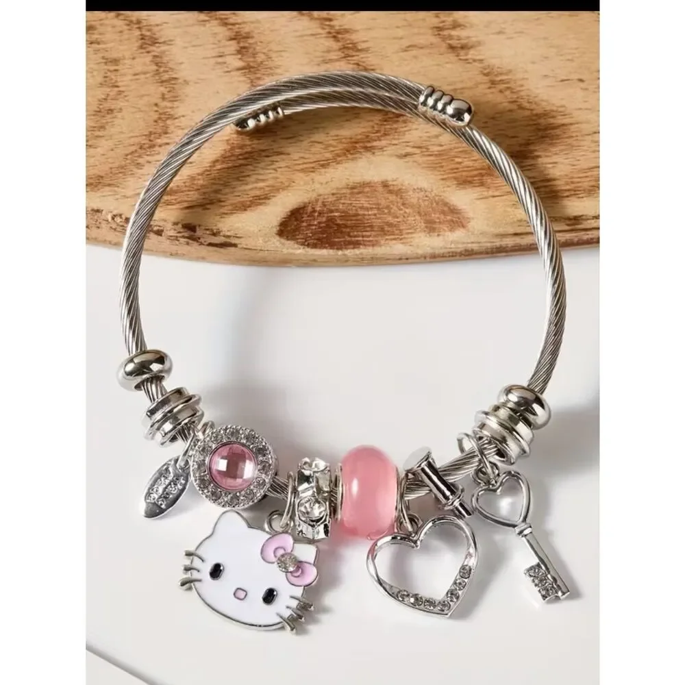 Hello Kitty Pink & Silver Charm Bangle Bracelet